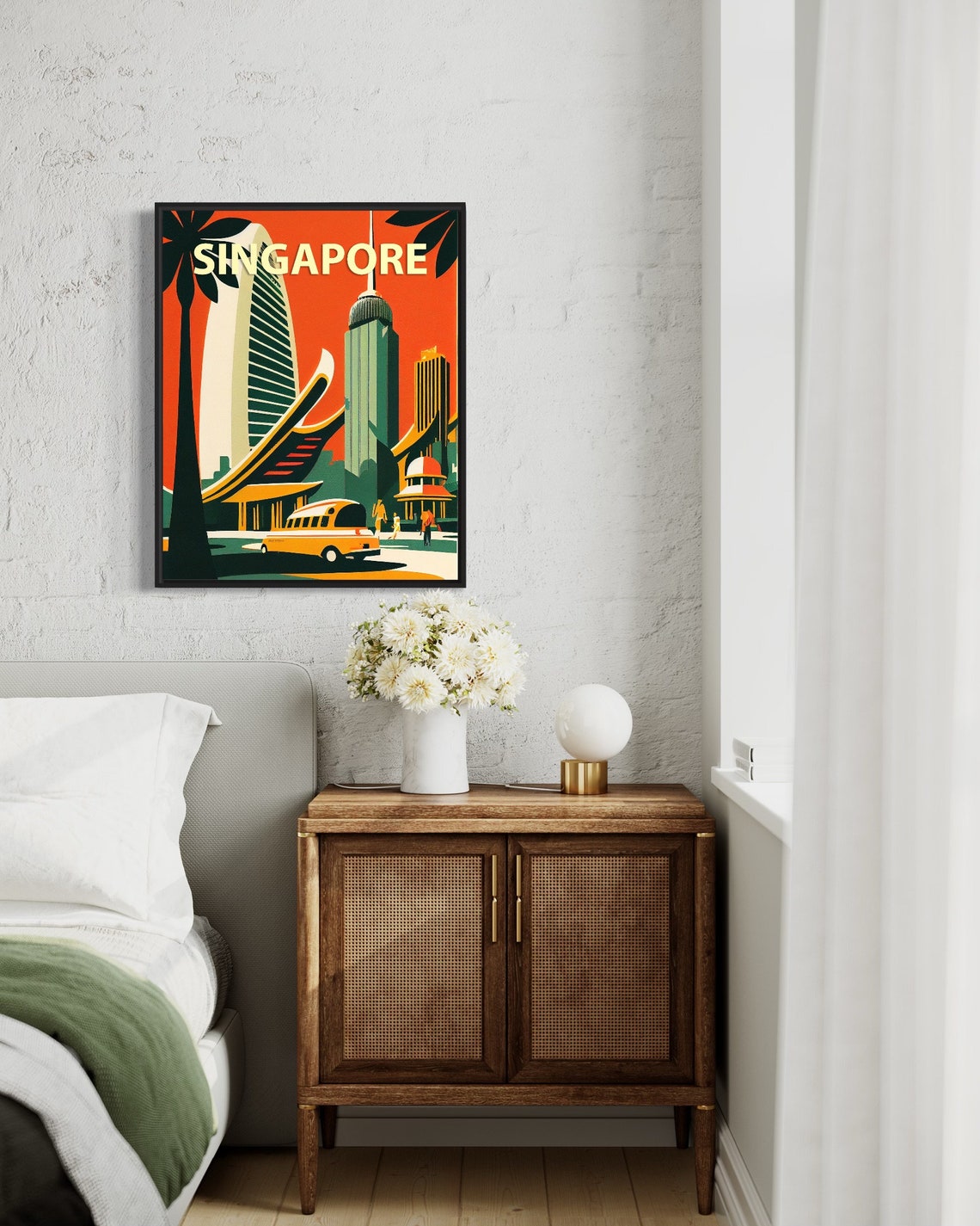Singapore Retro Fiery Orange Skyline Skyscrapers Bus Scene Poster - Image 3