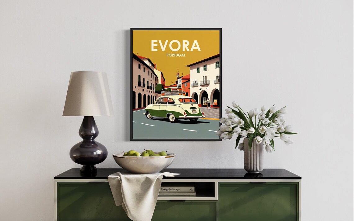 Evora Portugal Retro Street with Classic Car Vintage Travel Poster - Image 2