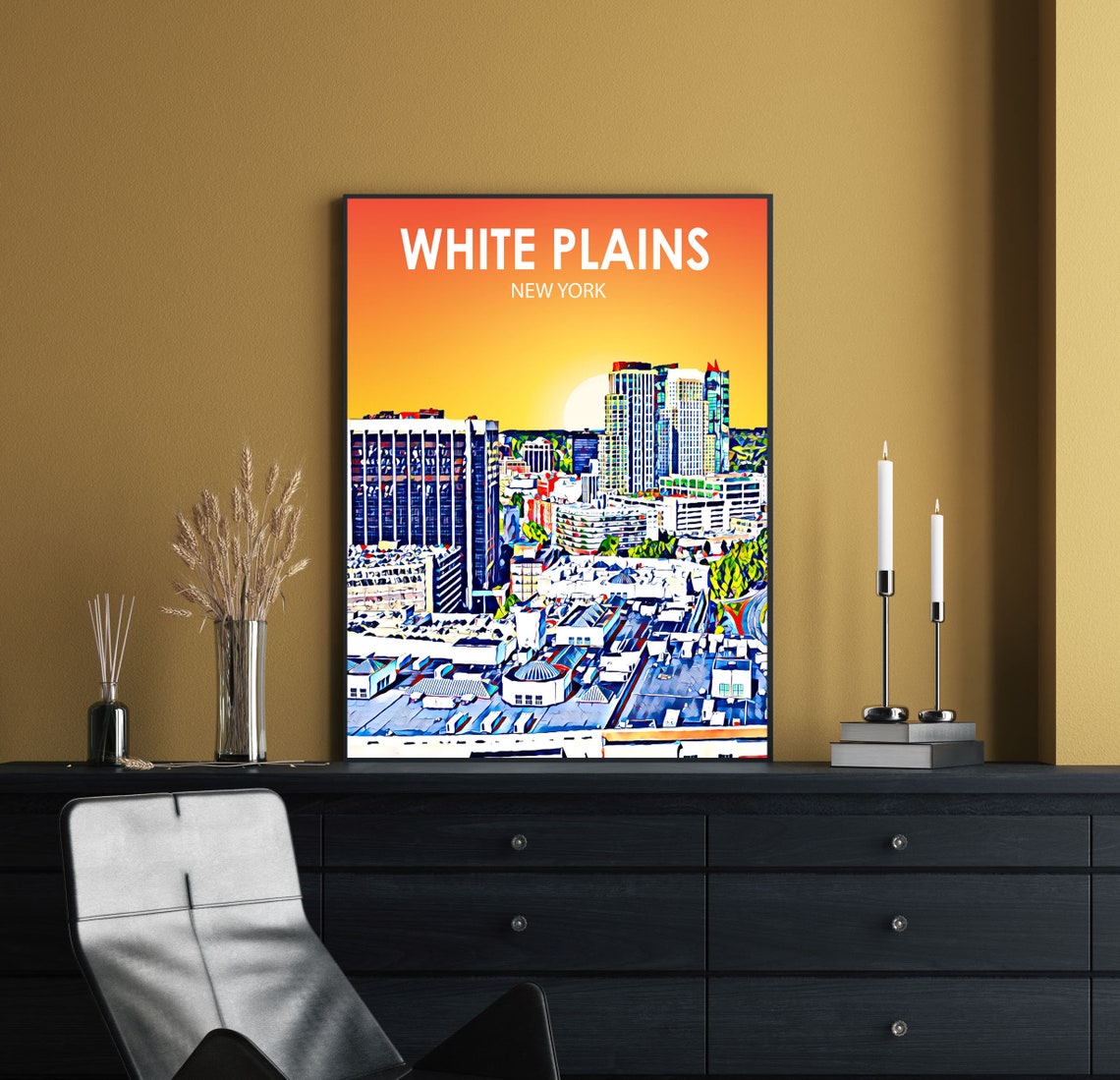 White Plains New York Vibrant Sunset Cityscape Travel Poster - Image 2
