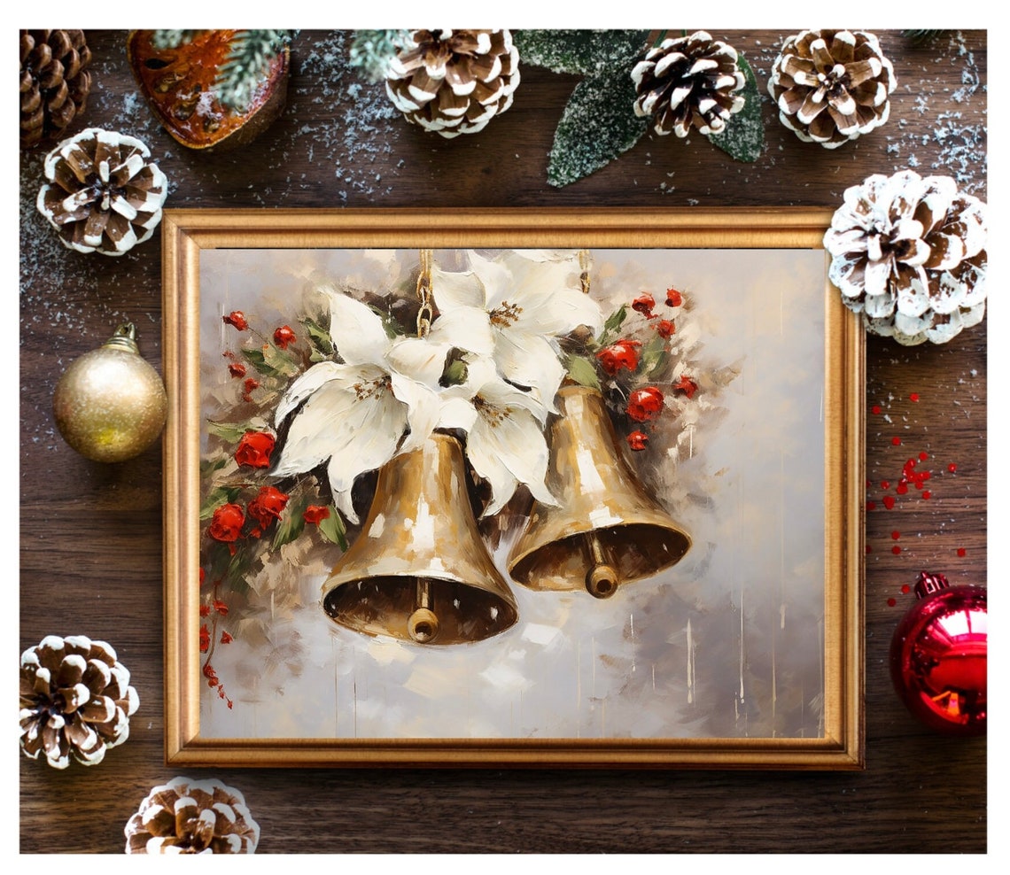 Elegant Golden Christmas Bells White Poinsettia Berries Poster