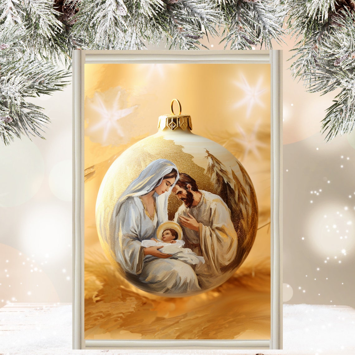 Holy Family Nativity Scene Gold Christmas Bauble Ornament Poster