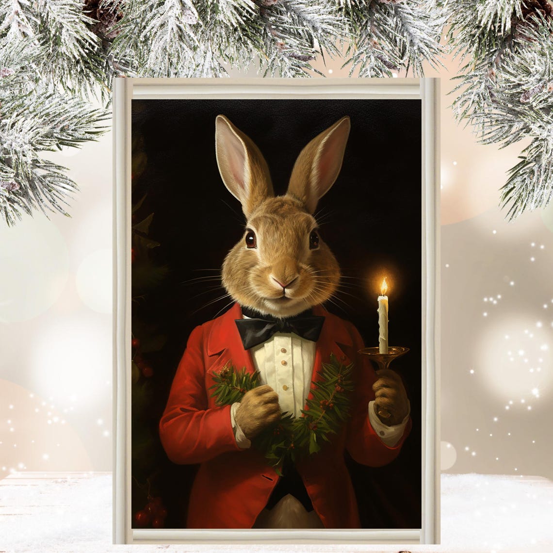 Festive Rabbit in a Red Coat Holding a Candle Christmas Poster