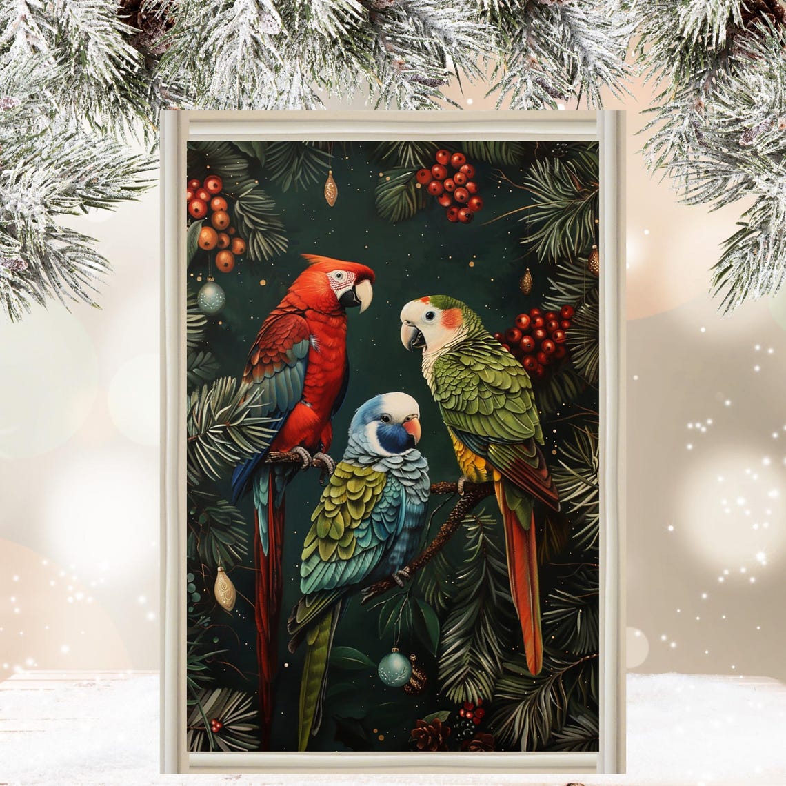 Three Tropical Parrots in Holiday Pine Christmas Bird Wall Poster