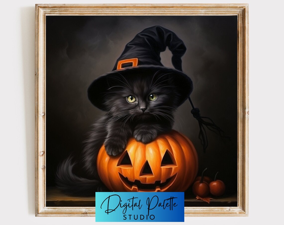 Witchy Kitten Halloween Art Print, Trendy Decor