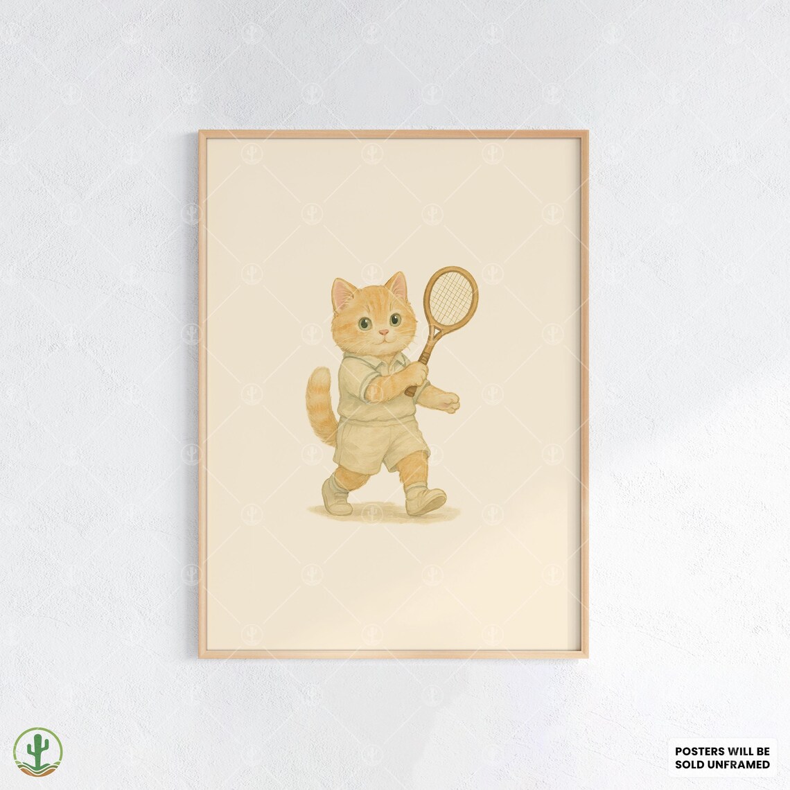 Cute Tennis Cat Poster Print Watercolor Orange Kitten Holding Racket In White Sports Outfit Kids Animal Wall Art Decor