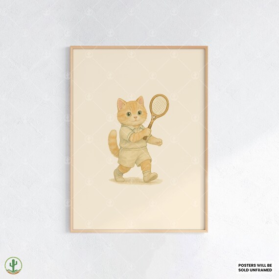Cute Ginger Kitten Tennis Player White Outfit Watercolor Sports Poster