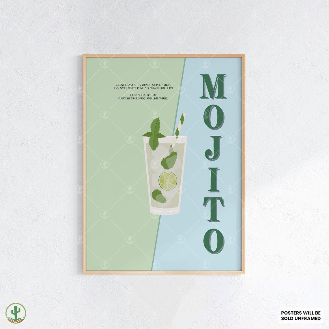 Mojito Mint Lime Tall Glass Green Illustration Cocktail Recipe Poster