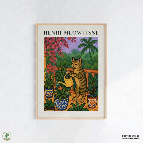 Tropical Henri Matisse Style Cat Art Print Peaceful Tabby Watering Plants On Balcony With Colorful Pots And Jungle Garden View