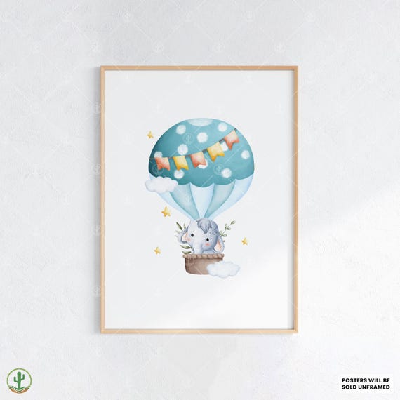Elephant Hot Air Balloon Art Nursery Wall Print Cute Baby Room Decor Animal Kids Poster