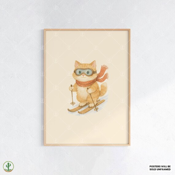 Orange Tabby Kitten Skiing in Goggles Watercolor Winter Kids Art Print