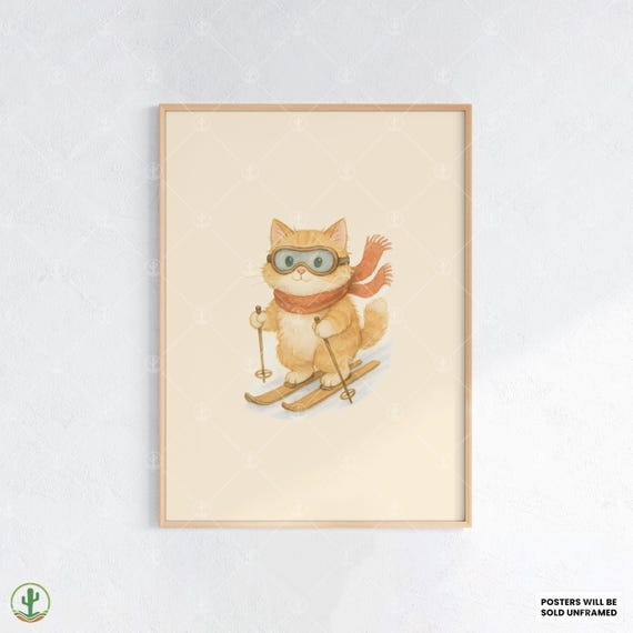 Skiing Cat Watercolor Wall Art Cute Orange Tabby Kitten In Goggles And Scarf Poster Print For Winter Sports Cozy Decor