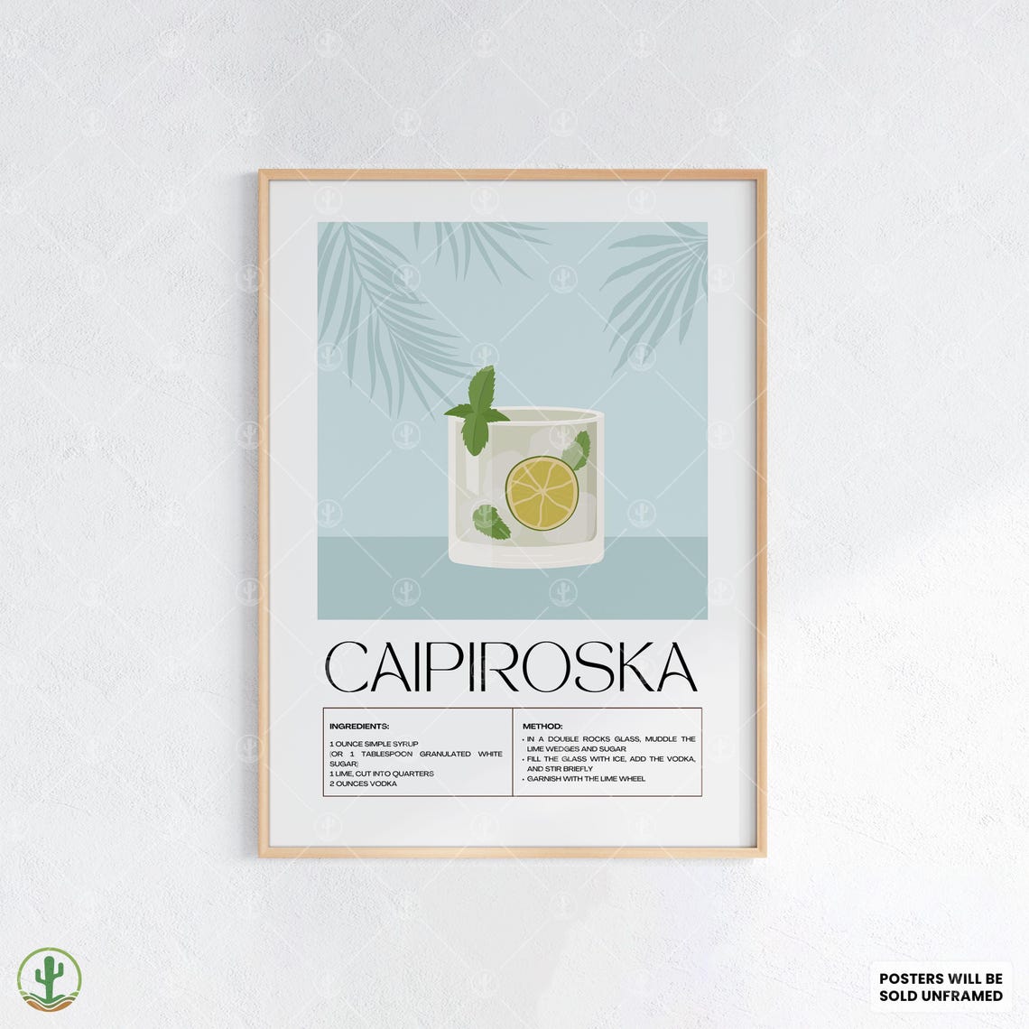 Caipiroska Cocktail Recipe Lime Vodka Mint Illustrated Drink Poster