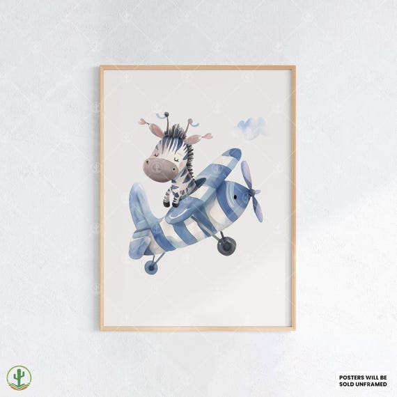 Blue Sky Zebra Flight Nursery Wall Art Print Cute Baby Room Decor Animal Kids Poster