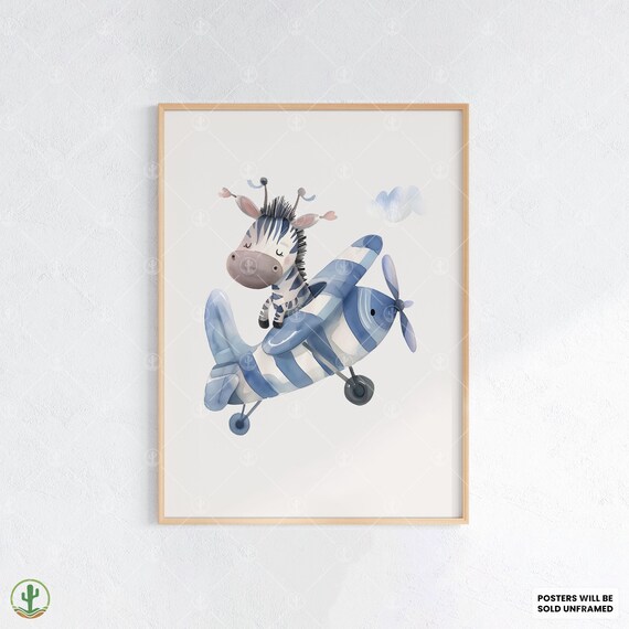Sleepy Baby Zebra Blue Striped Airplane Watercolor Nursery Poster