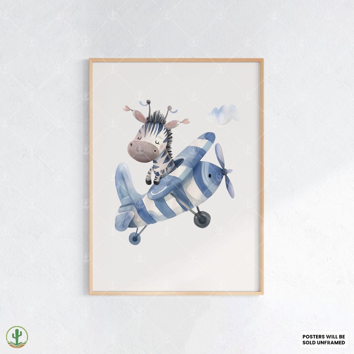 Sleepy Baby Zebra Blue Striped Airplane Watercolor Nursery Poster
