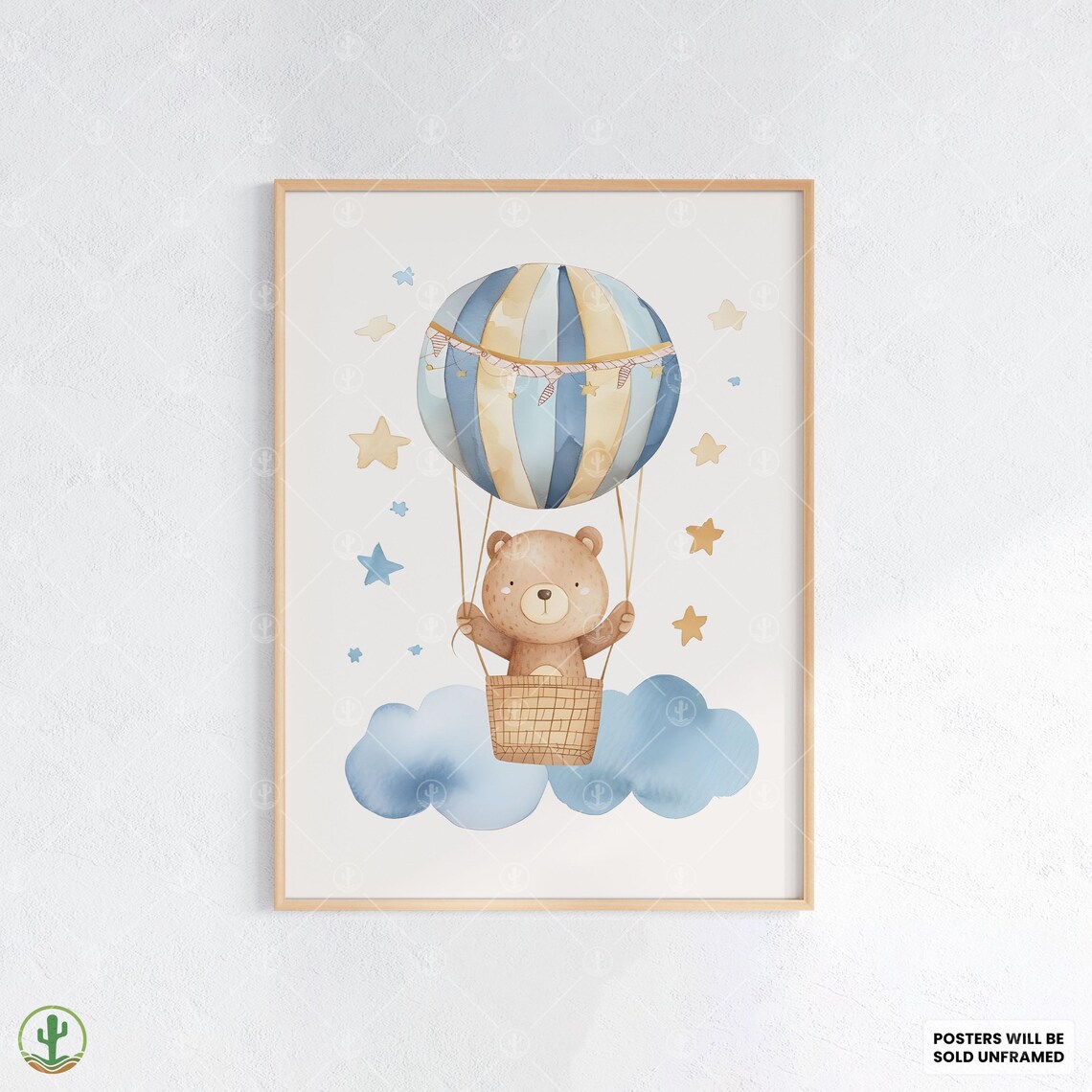 Hot Air Balloon Bear Nursery Cute Baby Animal Watercolor Wall Poster
