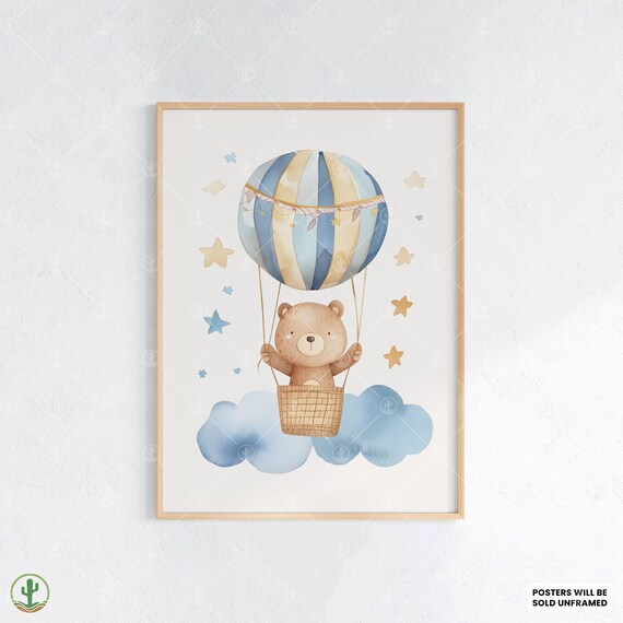 Hot Air Balloon Bear Nursery Cute Baby Animal Watercolor Wall Poster