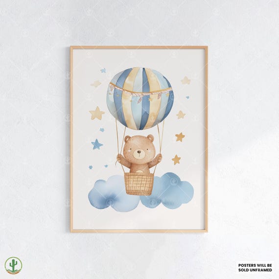 Hot Air Balloon Bear Poster Nursery Wall Art Print Cute Baby Room Decor Animal Kids