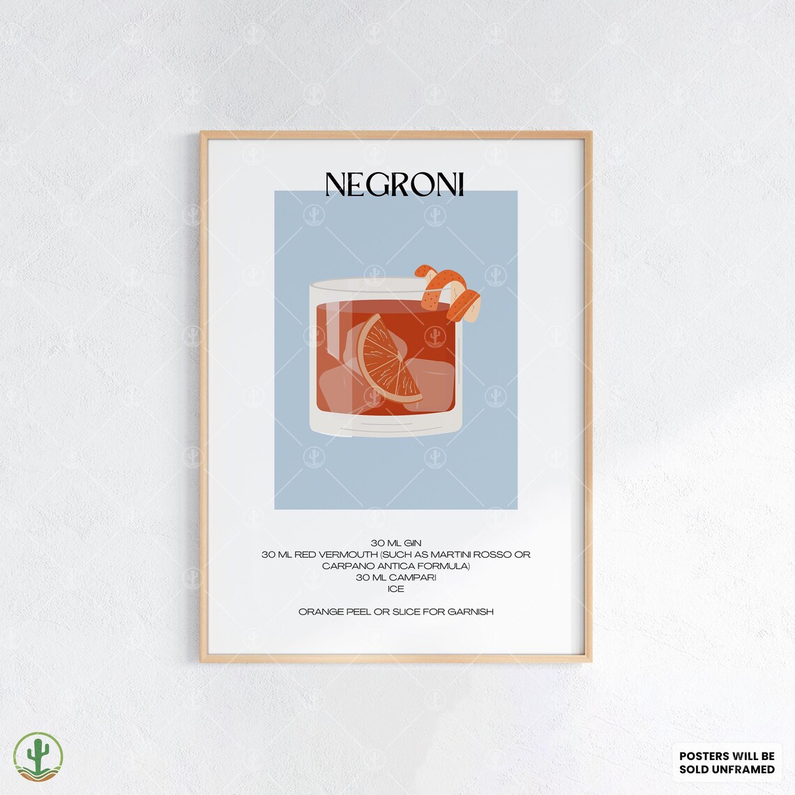 Negroni Cocktail Recipe Poster Classic Red Bitter Italian Drink Bar Art