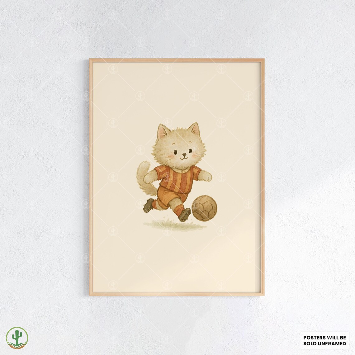 Adorable Soccer Cat Poster Print Cute Furry Kitten Playing Football In Orange Jersey Kids Room Animal Art Decor