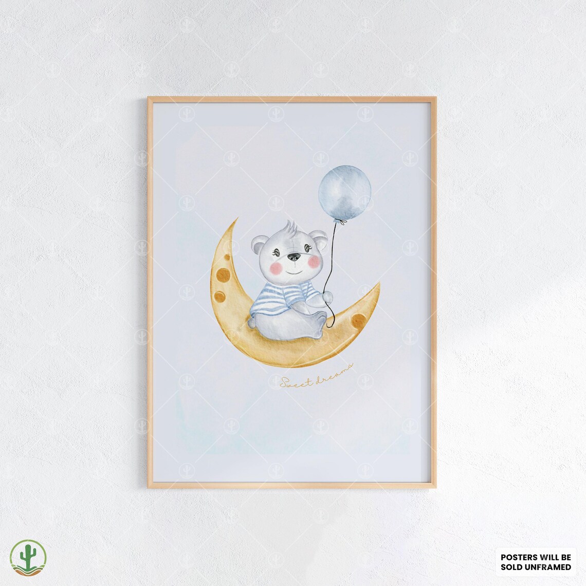 Baby Bear Moon Balloon Sweet Dreams Nursery Watercolor Poster