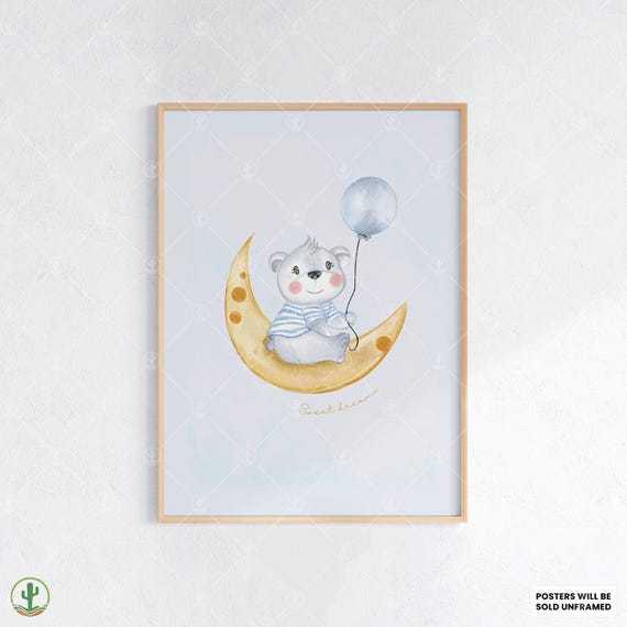 Moon Bear Sweet Dreams Poster Nursery Wall Art Print Cute Baby Room Decor Animal Kids