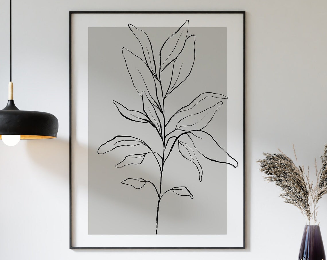Grey Botanical Line Art Leaf Branch Minimalist Neutral Home Poster