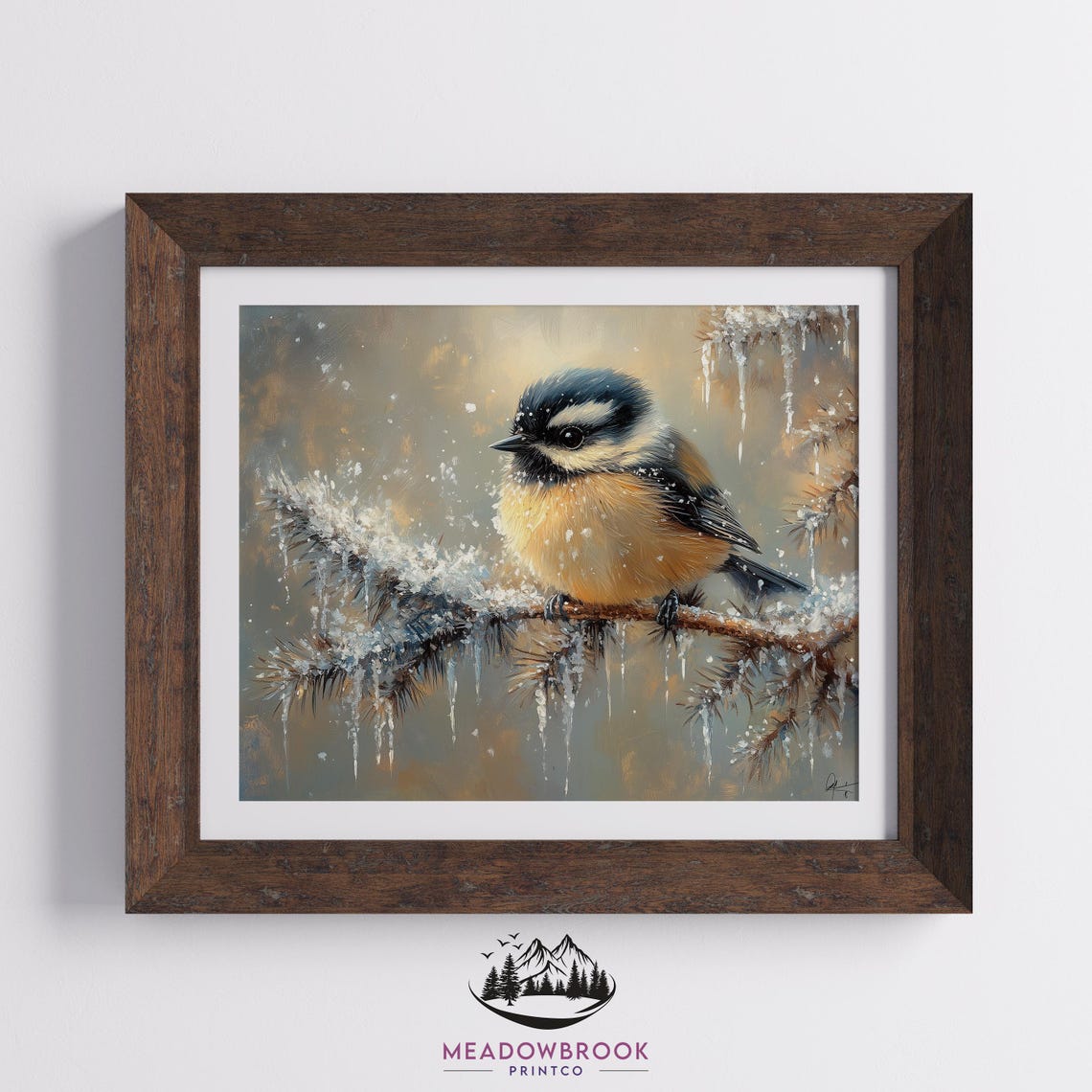 Chickadee On Icicle Draped Branch Glittering Snow Winter Art Poster - Image 2