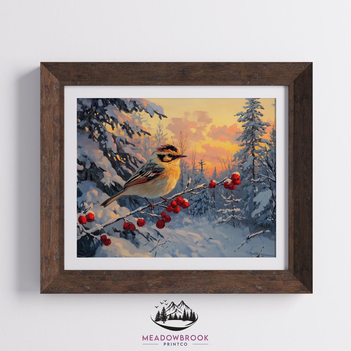 Songbird On Red Berry Branch Sunset Winter Snow Forest Bird Poster - Image 2