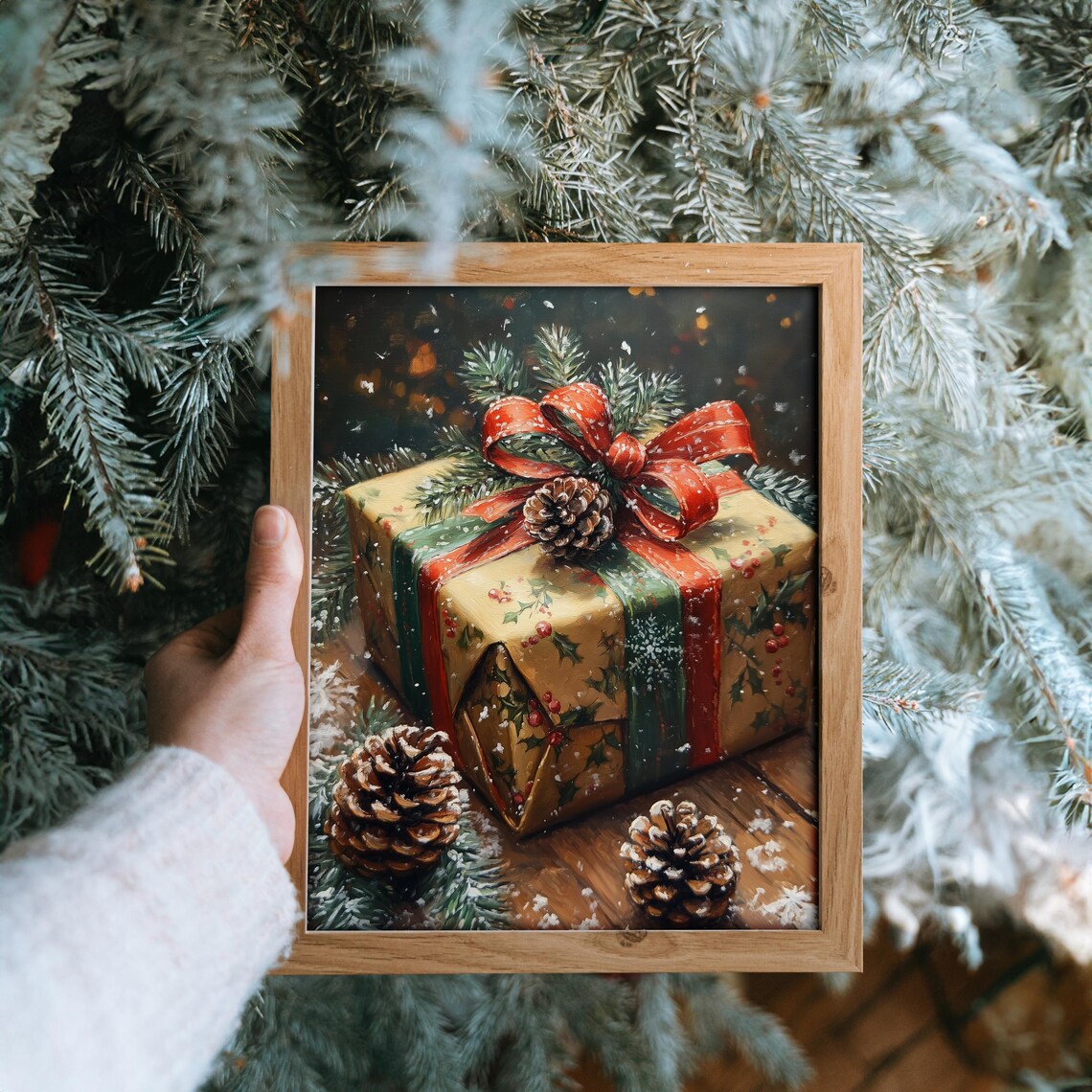 Christmas Gift With Ribbons And Pinecones Art Print - Image 3