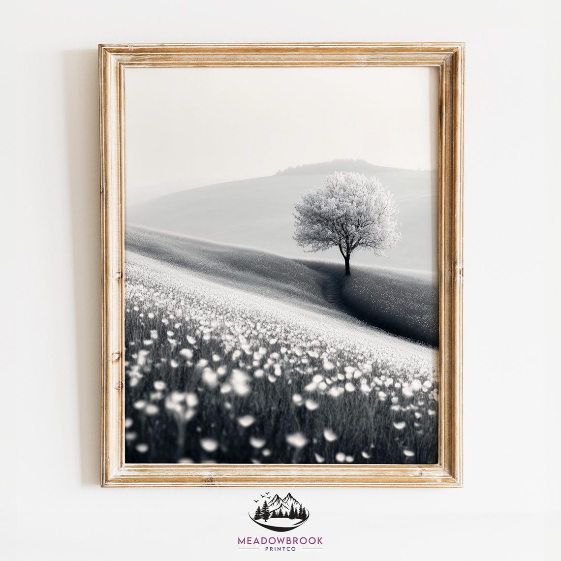 Lone Blooming Tree Black And White Minimalist Hillside Photo Poster