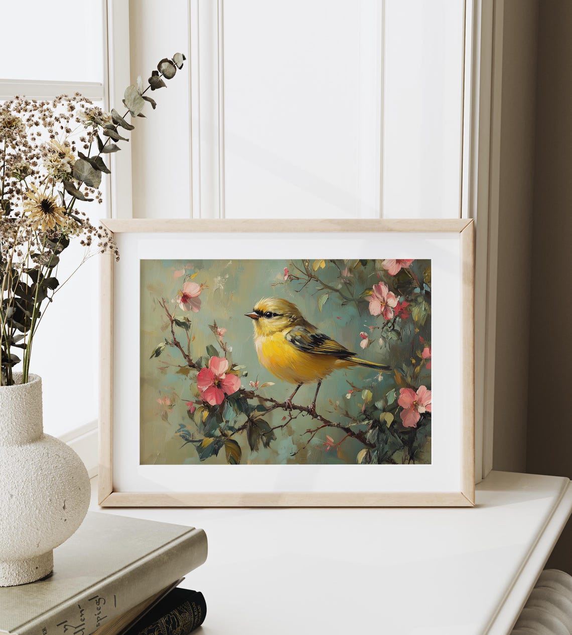 Goldfinch Bird Among Pink Spring Blossoms and Green Leaves Bird Print - Image 3