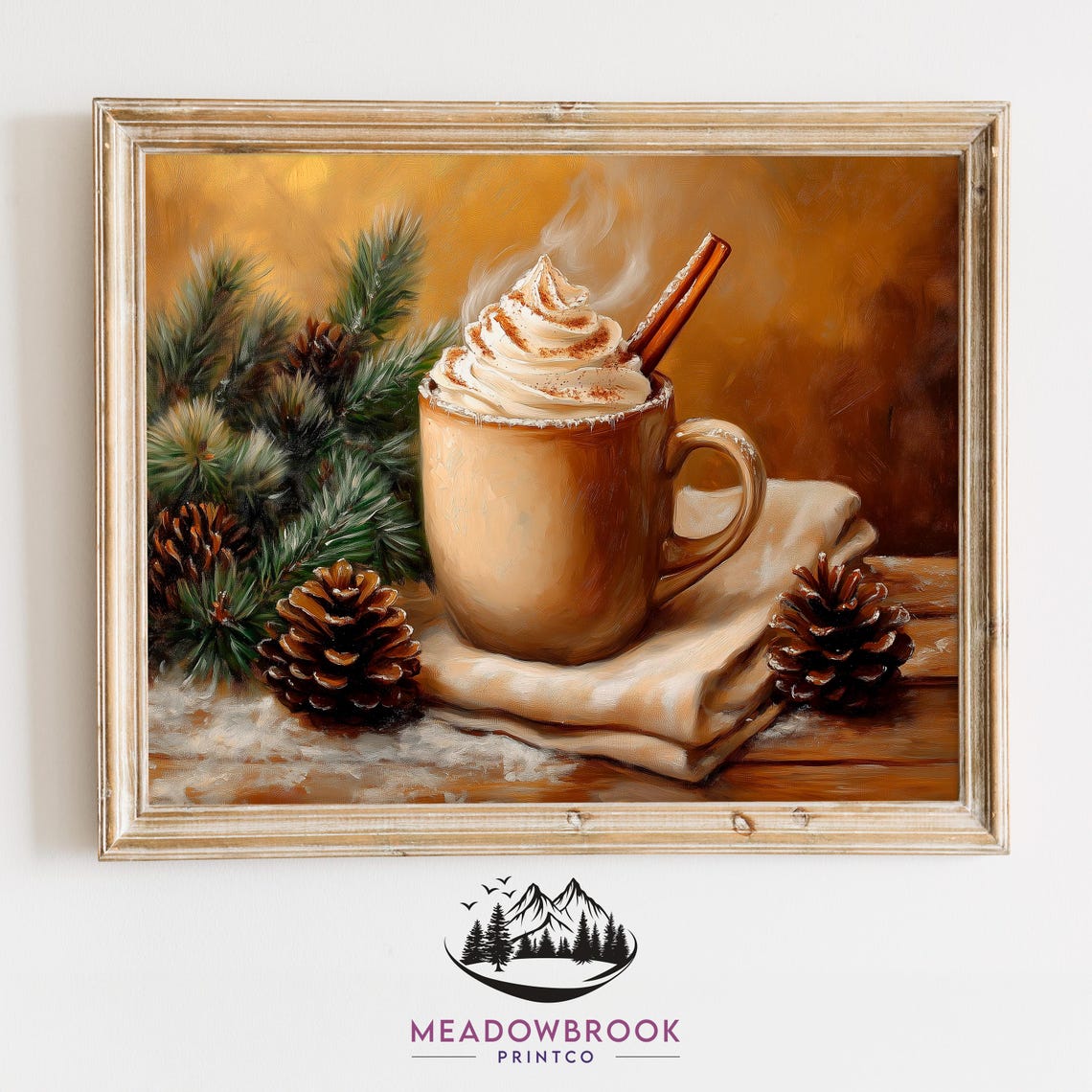 Steaming Cocoa Mug With Pinecones Golden Winter Kitchen Art Poster
