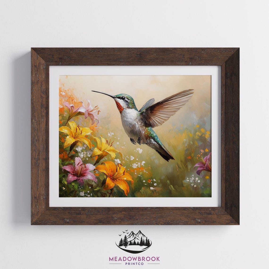 Hummingbird Hovering Among Bright Daylilies Summer Garden Art Poster - Image 2