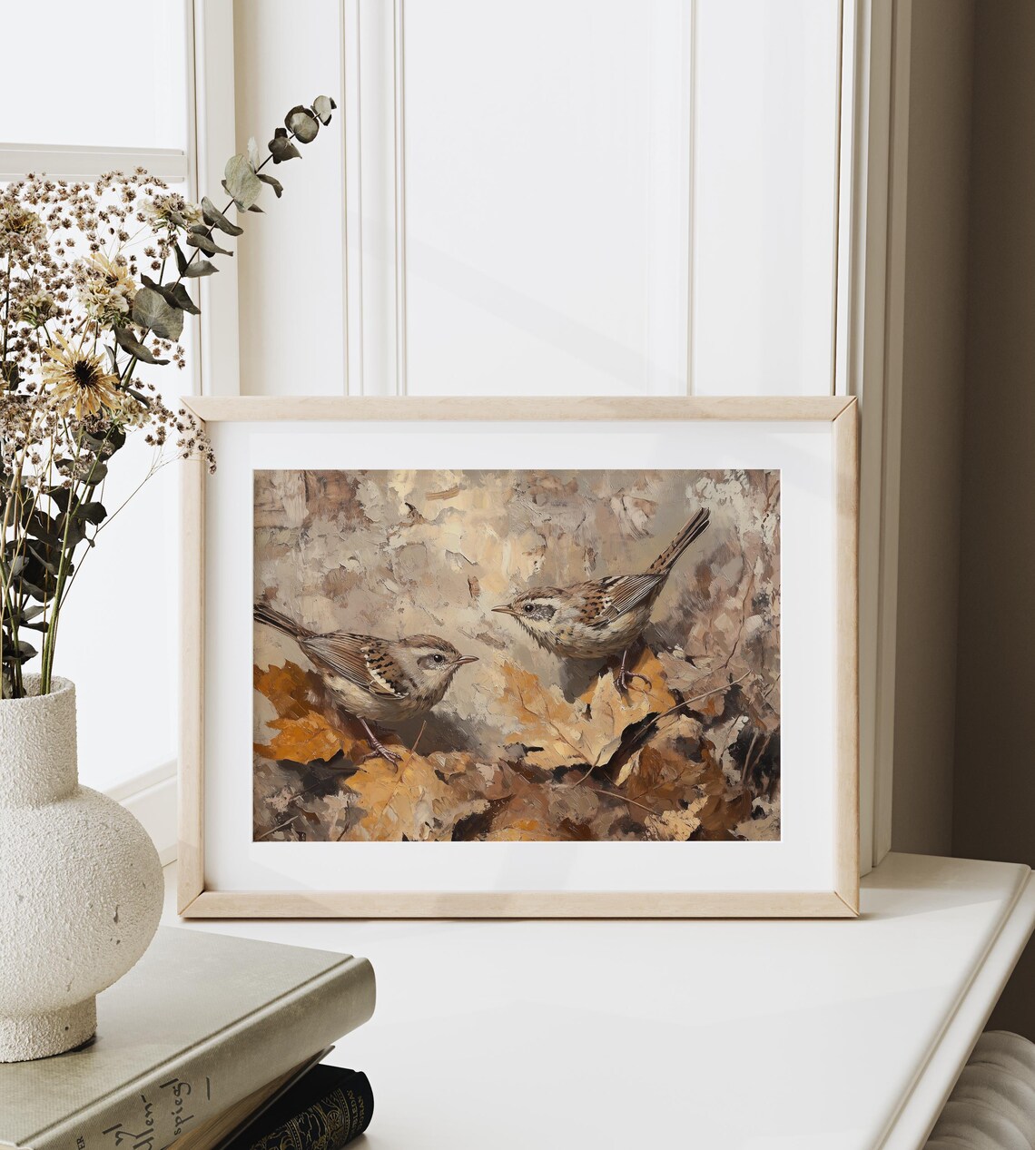 Pair Of Wrens Among Autumn Leaves Vintage Bird Painting Print - Image 3