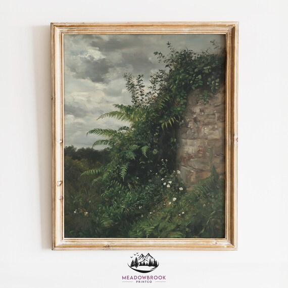 Ivy And Ferns Creeping Over Stone Wall Painting Moody Nature Painting Rustic Wall Art Earthy Green Wall Decor For Cozy Cottage 1