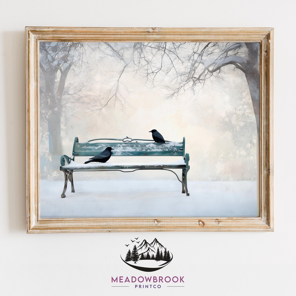 Blackbirds On Snowy Park Bench Serene Winter Bird Painting Print