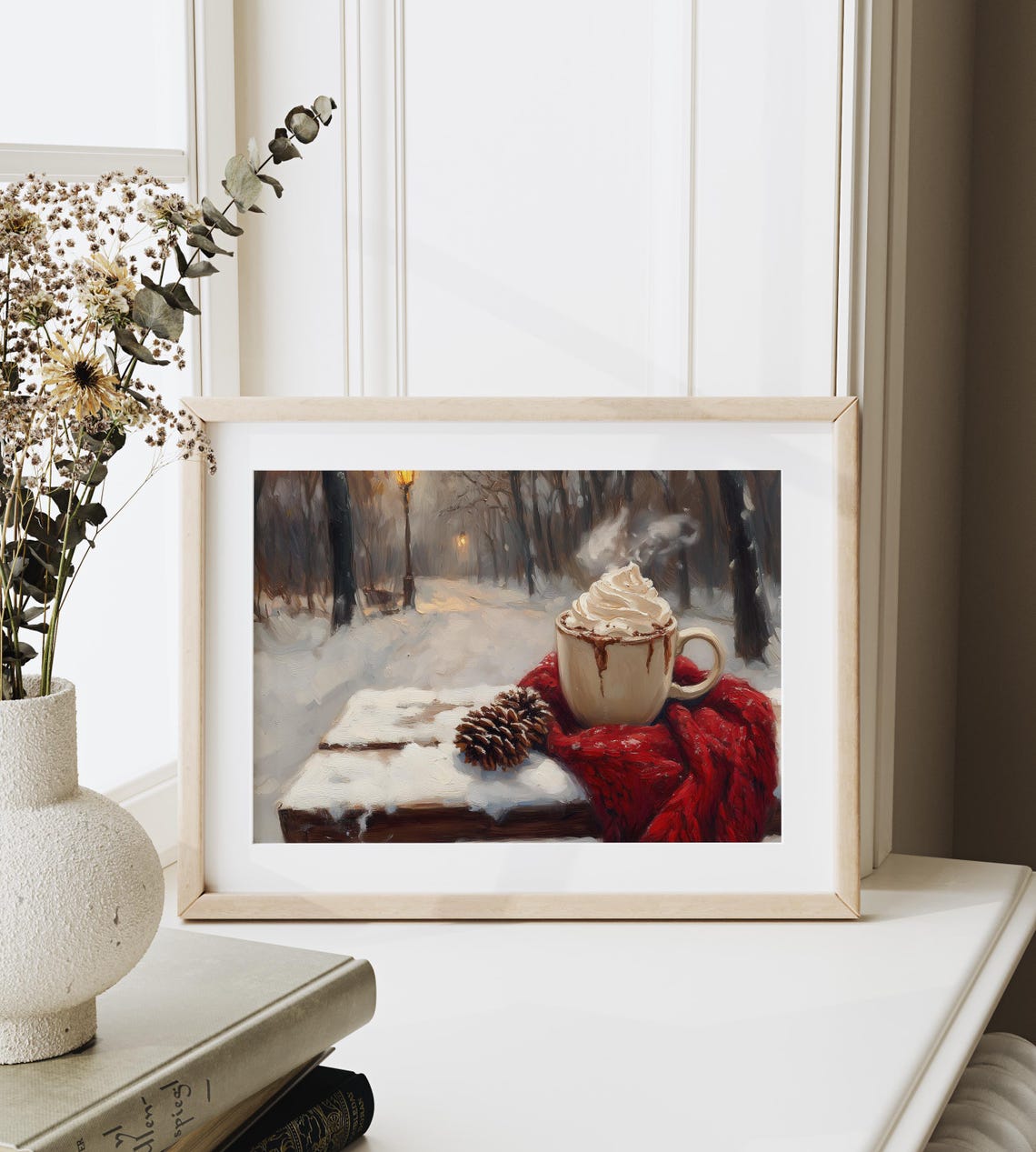Hot Cocoa Whipped Cream Mug On Snowy Bench Winter Park Scene Poster - Image 3