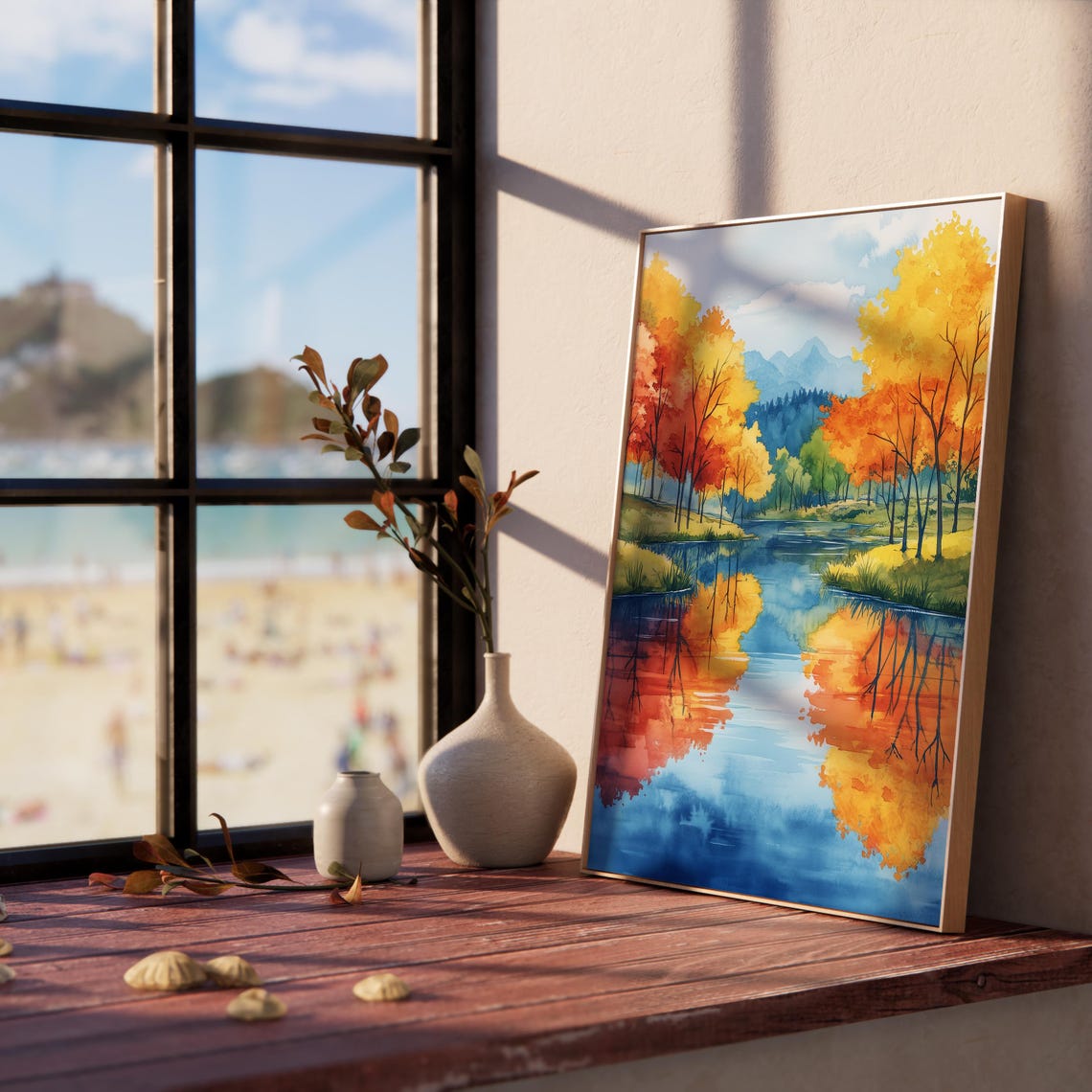 Autumn River Golden Trees Mirror Reflection Blue Water Poster - Image 2