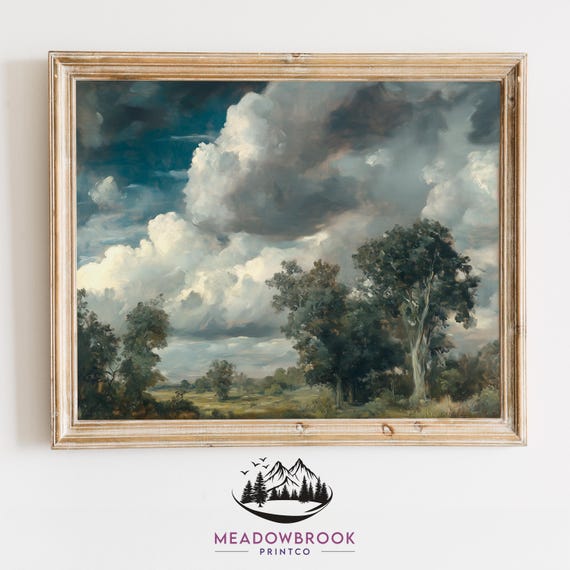 Moody Clouds Over Tree Line Painting Rustic Sky And Trees Art Print Earthy Nature Wall Decor Vintage Landscape Art For Home 19