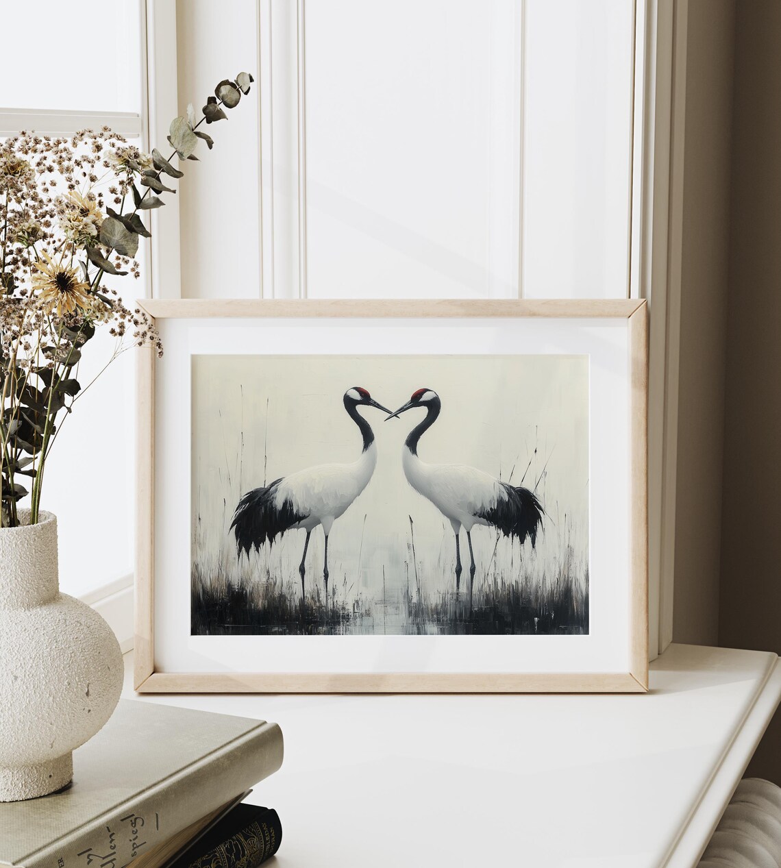 Pair Of Red Crowned Cranes Minimalist Japanese Ink Style Art Poster - Image 3