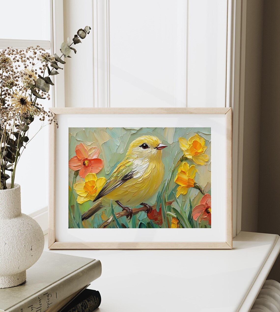 Yellow Finch Among Bright Daffodils Spring Impasto Garden Art Poster - Image 3