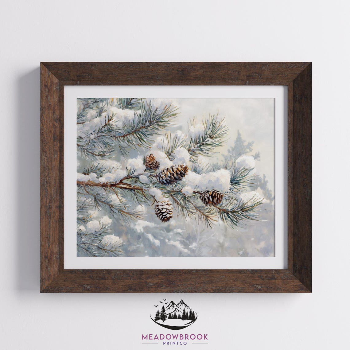 Snow Laden Pine Branches With Pinecones Vintage Winter Painting Print - Image 2
