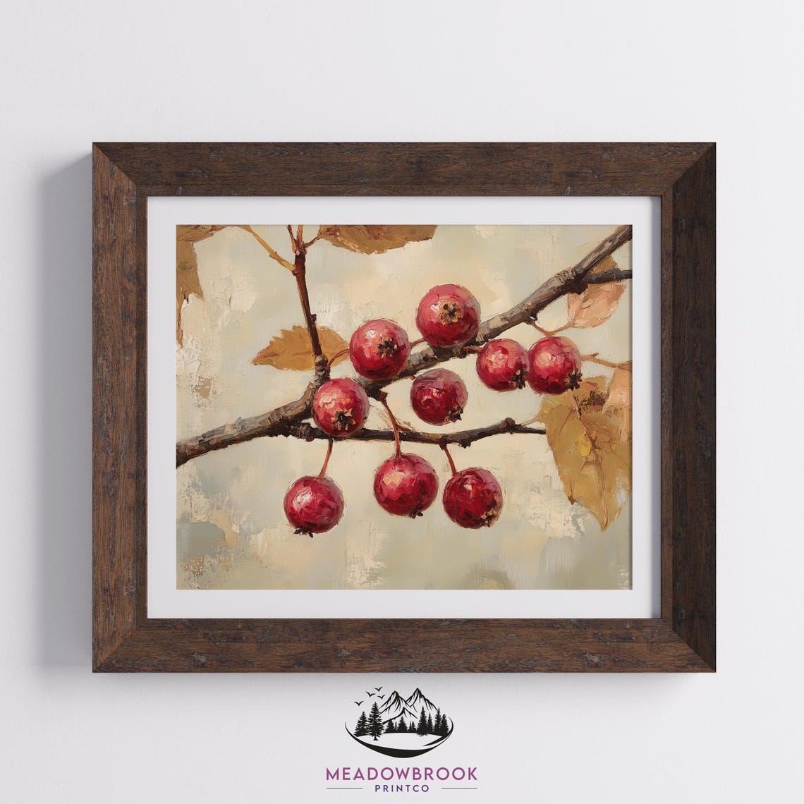 Red Autumn Hawthorn Berries On Branch Rustic Fall Botanical Wall Art - Image 2