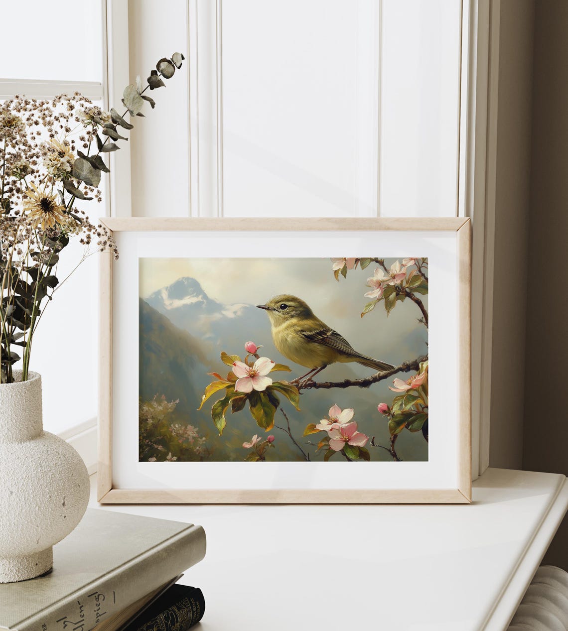 Kinglet Bird on Pink Apple Blossom Branch Misty Mountain Spring Poster - Image 3