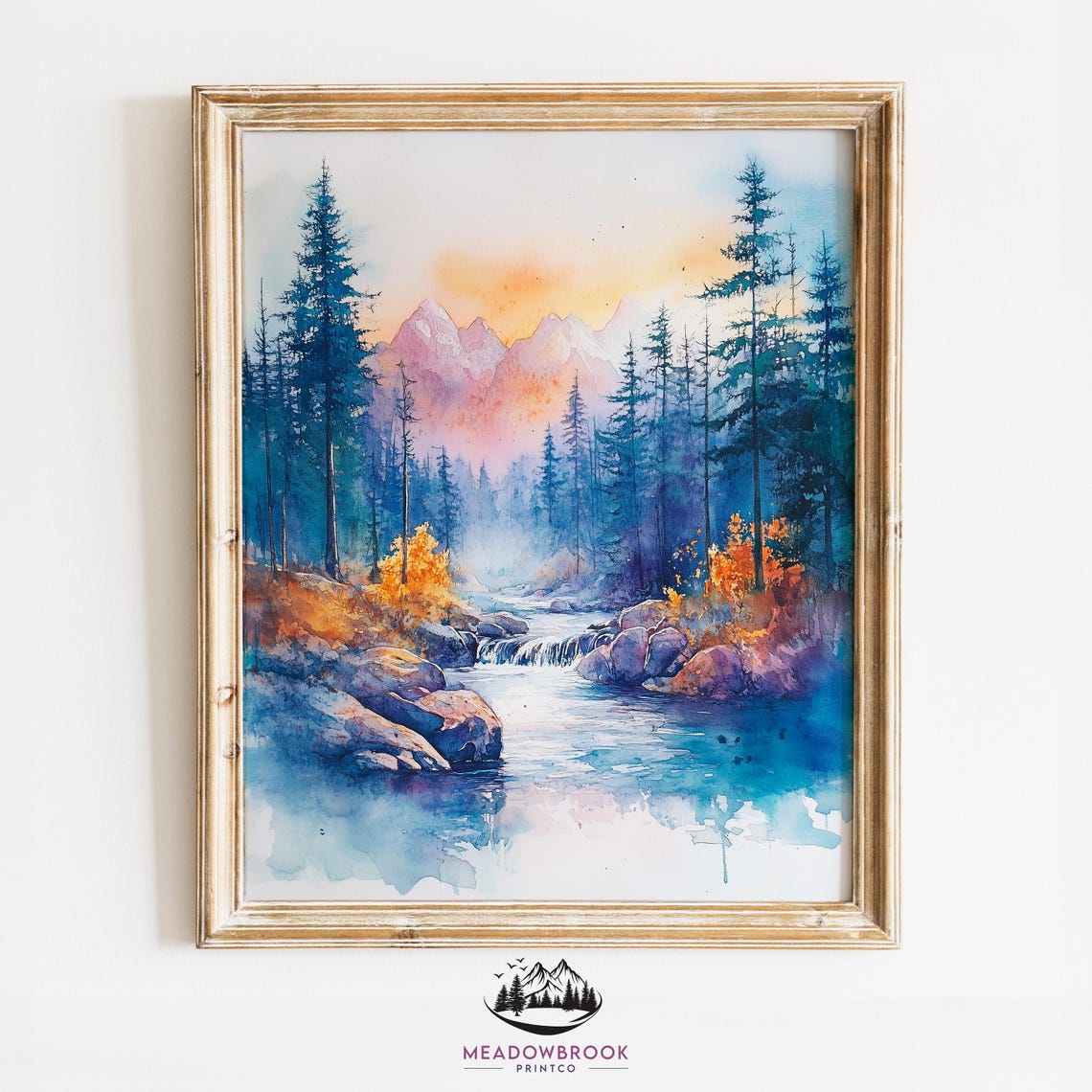 Mountain Stream Flowing Through Pine Forest Sunrise Watercolor Poster