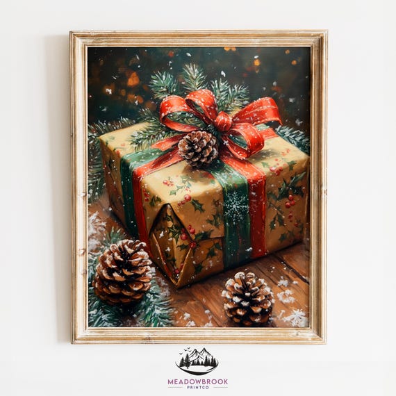 Christmas Gift With Ribbons And Pinecones Art Print