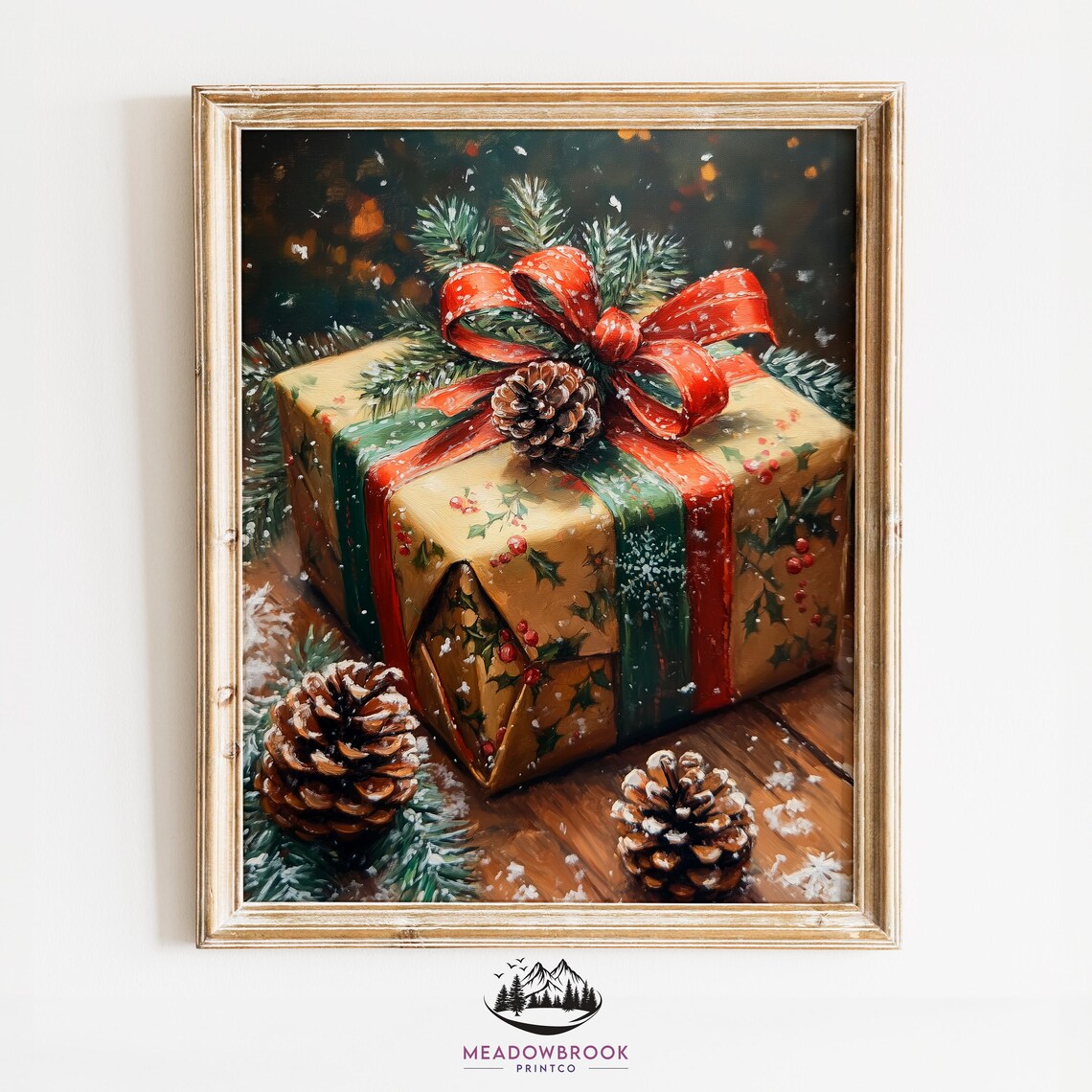 Christmas Gift With Ribbons And Pinecones Art Print
