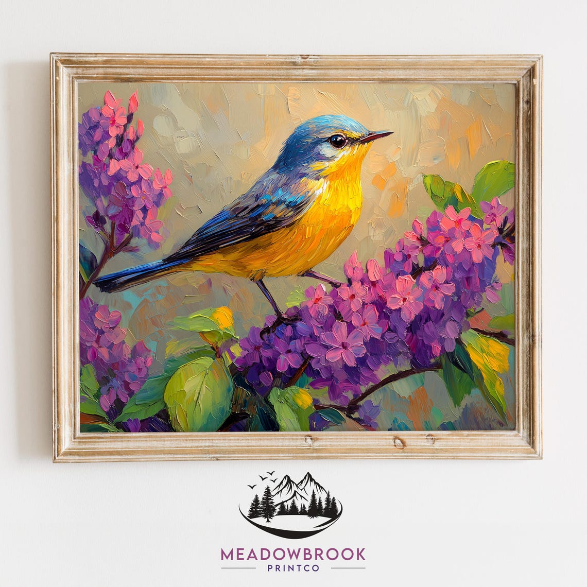 Blue Headed Yellow Warbler Among Purple Lilac Blossoms Spring Poster
