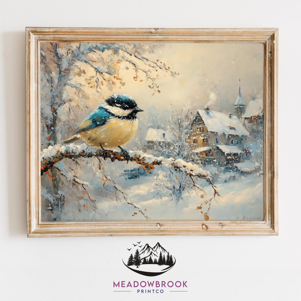 Blue Tit Bird on Snowy Branch Above Cozy Winter Village Scene Poster